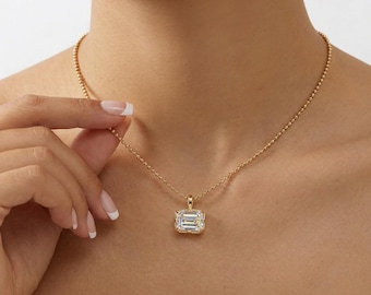 East West Emerald Cut Pendant | 18K Gold Georgian Style Pendant | Sterling Silver Collet Set Pendant | Emerald Cut Moissanite Solitaire