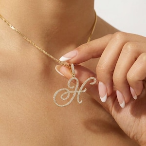 Script CZ Initial Necklace | Personalized Letter Necklace | 18K Gold Letter Pendant | Custom Initial Pendant | Cursive Letter Necklace