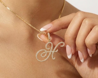 Script CZ Initial Necklace | Personalized Letter Necklace | 18K Gold Letter Pendant | Custom Initial Pendant | Cursive Letter Necklace