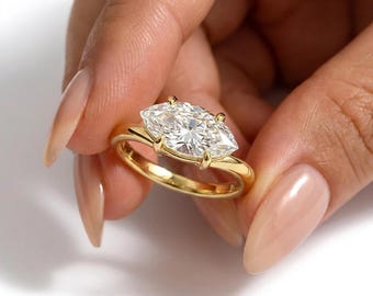 Marquise Cut Moissanite Solitaire Engagement Ring | Floating Basket Ring | 18K Gold Curved Band Ring | East West Set Marquise Cut Ring