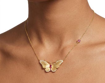 10K Gold Plated Butterfly Necklace | Dainty Butterfly Pendant | 925 Sterling Silver Butterfly Necklace | Ruby Butterfly Necklace