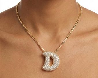 Pave Bubble Letter Necklace | Diamond Initial Necklace | Gold Jumbo Letter Pendant | 3D Initial Necklace | Personalized Letter Necklace