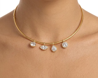 Gold Plated Cuff Necklace | Choker Necklace with CZ | Gold Plated Collar Necklace | East West CZ Pendant | Omega Choker Necklace