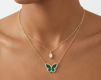 Malachite Butterfly Necklace | 10K Gold Plated Dainty Butterfly Pendant | Minimalist Jewelry | 925 Sterling Silver Butterfly Necklace