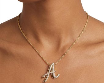 Cursive Gold Initial Necklace | Personalized Letter Necklace | Custom Initial Pendant | Script Initial Necklace | Pave Letter Necklace