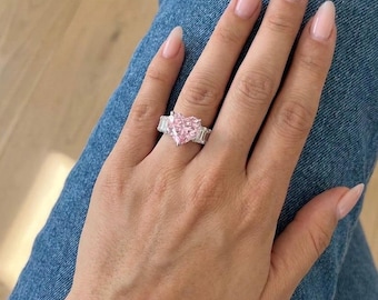 Pink Crushed Ice Heart Ring | 925 Sterling Silver Heart Ring | Radiant Cut Heart Ring | Heart Cut Promise Ring | Heart Engagement Ring