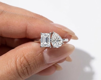 Toi et Moi Engagement Ring | Moissanite Emerald & Pear Cut Ring | Two Stone Wedding Ring | Sterling Silver Double Stone Ring