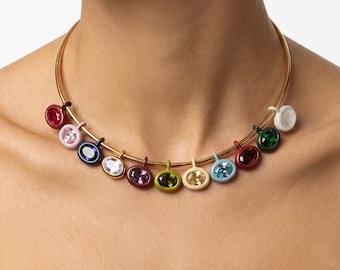 18K Gold Plated Collar Necklace | Choker Necklace with Gemstones | Gold Plated Cuff Necklace | East West CZ Pendant | Omega Choker Necklace