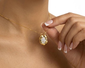 Oval Abstract CZ Necklace | 18K Gold Nugget Pendant | Oval Cut Pendant Necklace
