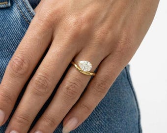 Pear Cut Moissanite Solitaire Engagement Ring | Floating Basket Ring | 18K Gold Curved Band Ring | East West Set Pear Cut Ring | Pinky Ring