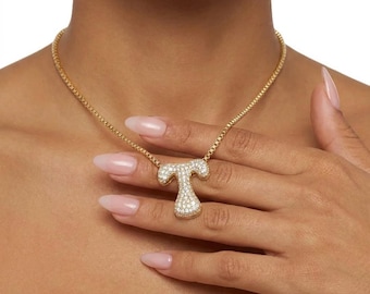 Jumbo Letter Necklace | Gold 3D Initial Necklace | Bubble Letter Pendant | Diamond Pave Initial Necklace | Personalized Letter Necklace