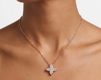 Rose Gold Plated Clover Necklace | 18K Gold Moissanite Clover Pendant | Four Leaf Clover Necklace | 925 Sterling Silver Clover Necklace