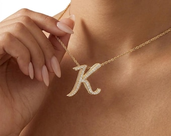 Gold Script Initial Necklace | Personalized Letter Necklace | Custom Initial Pendant | Cursive Letter Necklace | Pave Initial Necklace