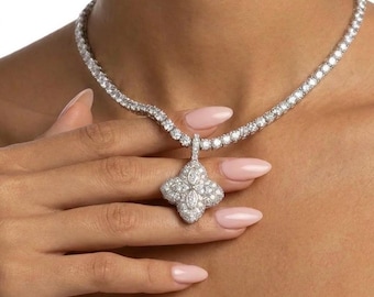 18K White Gold Clover Pendant Necklace | Diamond Clover Necklace | Iced Four Leaf Clover Necklace