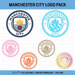 Puede incluir: Una colección de logotipos del Manchester City en varios colores, incluyendo azul, rosa, naranja y marrón. Cada logotipo presenta el nombre del equipo, un barco y el año 1894. El texto "MANCHESTER CITY LOGO PACK" está en la parte superior.