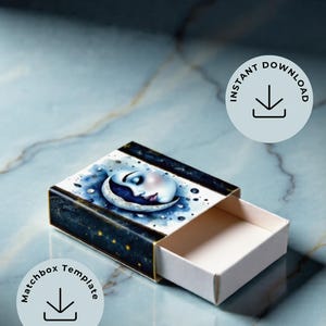 May include: A rectangular matchbox template featuring a dark blue night sky illustration with a crescent moon and a human face. The box has a sliding white inner tray. Two circular badges are present, each displaying a downward arrow and the text INSTANT DOWNLOAD or Matchbox Template.
