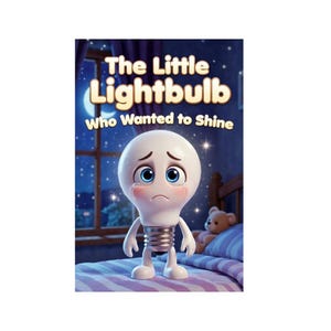 Könnte beinhalten: Kinderbuchcover mit einer weinenden, anthropomorphen Glühbirne auf einem Bett. Der Titel lautet "The Little Lightbulb Who Wanted to Shine". Der Hintergrund zeigt eine Nachtszene mit einem Teddybär.