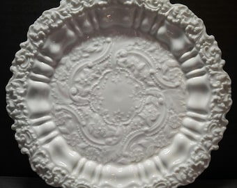 Antique Meissen White Porcelain Plate c. 1880-1895 Embossed Floral Relief 8", Crossed Swords (Listed under 1900-1909 per Etsy system)