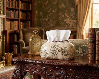 Vintage Floral Ceramic Tissue Box Cover  Chinoiserie Tissue Holder Decor