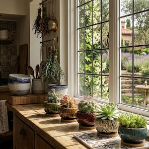 May include: A sunlit kitchen window displays a collection of potted succulents and cacti on a wooden countertop. The plants are in colorful ceramic pots. The window overlooks a lush garden with a stone fountain and lavender bushes.