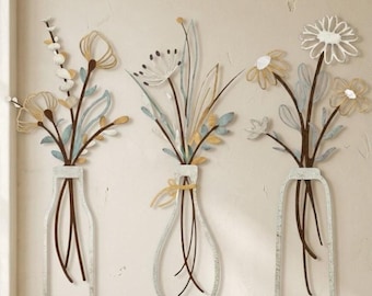 Set of 3 Metal Flower Wall Art | Boho Botanical Floral Decor