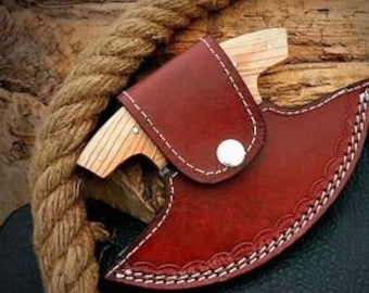 Damascus Ulu Knife, Celtic Knot Rosewood Handle, Leather Sheath, Pizza Cutter