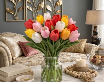 Real Touch Colorful Tulip Bouquet – Set of 15 Faux Tulips for Spring Decor & Gifts
