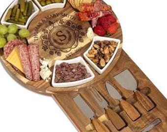 Personalized Acacia Wood Charcuterie Board & Knife Set | Custom Engraved Wedding Gift