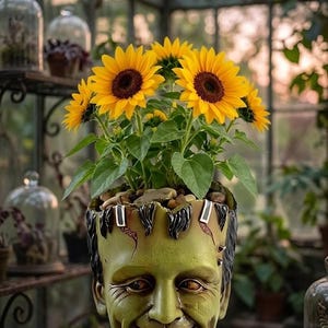 May include: A novelty planter in the shape of Frankenstein's monster's head, filled with sunflowers. The monster's face is green with a wide smile and black hair. The sunflowers have yellow petals and dark brown centres. The planter is filled with small stones.