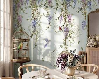Hanging Vine Wall Decals with Flowers and Birds – Botanical Leaf Wall Stickers