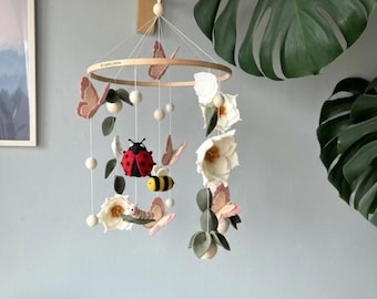 Felt Baby Mobile with Butterflies, Flowers, Ladybug, Bee | Green Floral Crib Decor