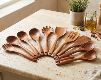 10-Piece Teak Wood Utensil Set | Natural Wooden Spoons & Spatulas | Kitchen Cooking Essentials