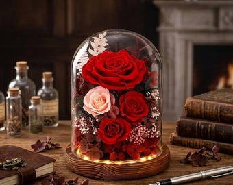 Preserved Real Roses in Glass Dome with LED Lights | Eternal Floral Keepsake Gift