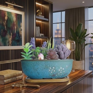 May include: A turquoise ceramic planter filled with artificial succulents and a miniature house. The planter sits on a wooden tray on a dark wood desk. A magnifying glass and books are in the foreground.