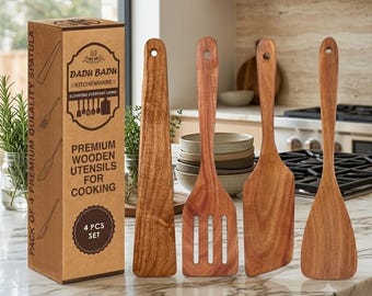 4-Piece Teak Wood Spatula Set – Natural Cooking Utensils
