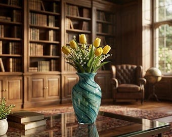 Teal Hand Blown Glass Vase – Wide Mouth Decorative Centerpiece for Home Decor