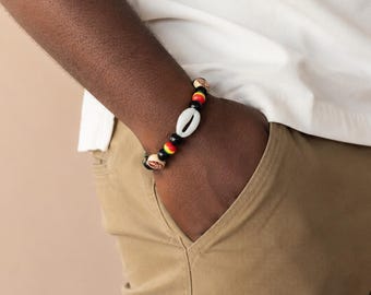Handmade Cowrie Shell Beaded Bracelet • Adjustable Unisex Boho African Jewelry