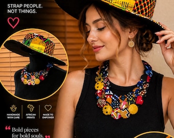 Handmade Ankara Button Statement Necklace, Colorful Ethnic Bib Jewelry