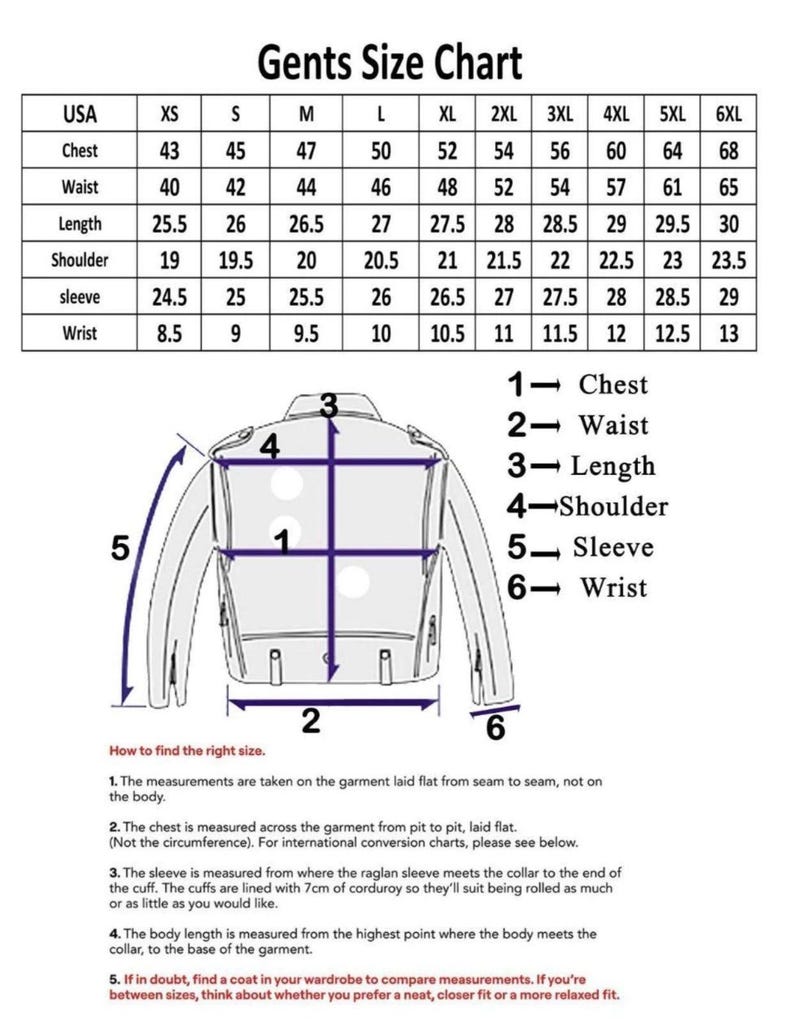 以下が含まれることがあります： 「Gents Size Chart」と書かれたサイズ表。胸囲、ウエスト、着丈、肩幅、袖丈、手首のサイズをインチで表示。ジャケットの図で測定箇所を説明。適切なサイズの測り方の説明も含まれています。