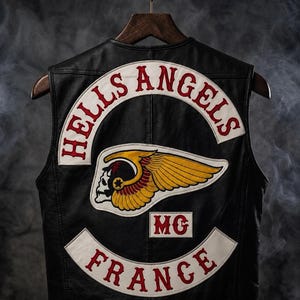 Könnte beinhalten: Eine schwarze Lederweste mit einem großen gestickten Aufnäher auf der Rückseite. Der Aufnäher zeigt den Schriftzug HELLS ANGELS in Rot auf einem weißen, geschwungenen Banner, ein geflügeltes Totenkopf-Emblem in Gelb und Rot, die Buchstaben MG.