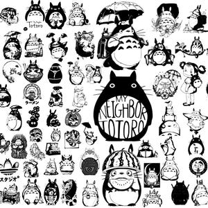 Könnte beinhalten: Eine Sammlung von Schwarz-Weiß-Illustrationen mit Charakteren aus dem Zeichentrickfilm "Mein Nachbar Totoro". Die Bilder zeigen Totoro in verschiedenen Posen, zusammen mit anderen Charakteren und Szenen. Einige Bilder enthalten japanischen Text.