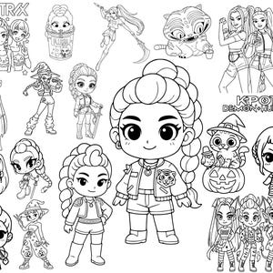 May include: Black and white line art illustrations of various characters, including girls, a cat, and a tiger. Some characters are holding weapons or wearing witch hats. Text includes "HUNTRAX", "MIRA", and "KPOP DEMON HUNTERS".