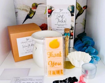 Set de regalo para profesor/a, pastilla de cera de soja *ELIGE EL DISEÑO*, fundidor de cerámica, velas pequeñas, cerillas, caja de regalo, listo para regalar, regalo para profesor/a.
