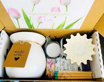 Kit de iniciación personalizado para ceras aromáticas: set completo de regalo de cera de soja: pastillas, fundidor y cerillas.