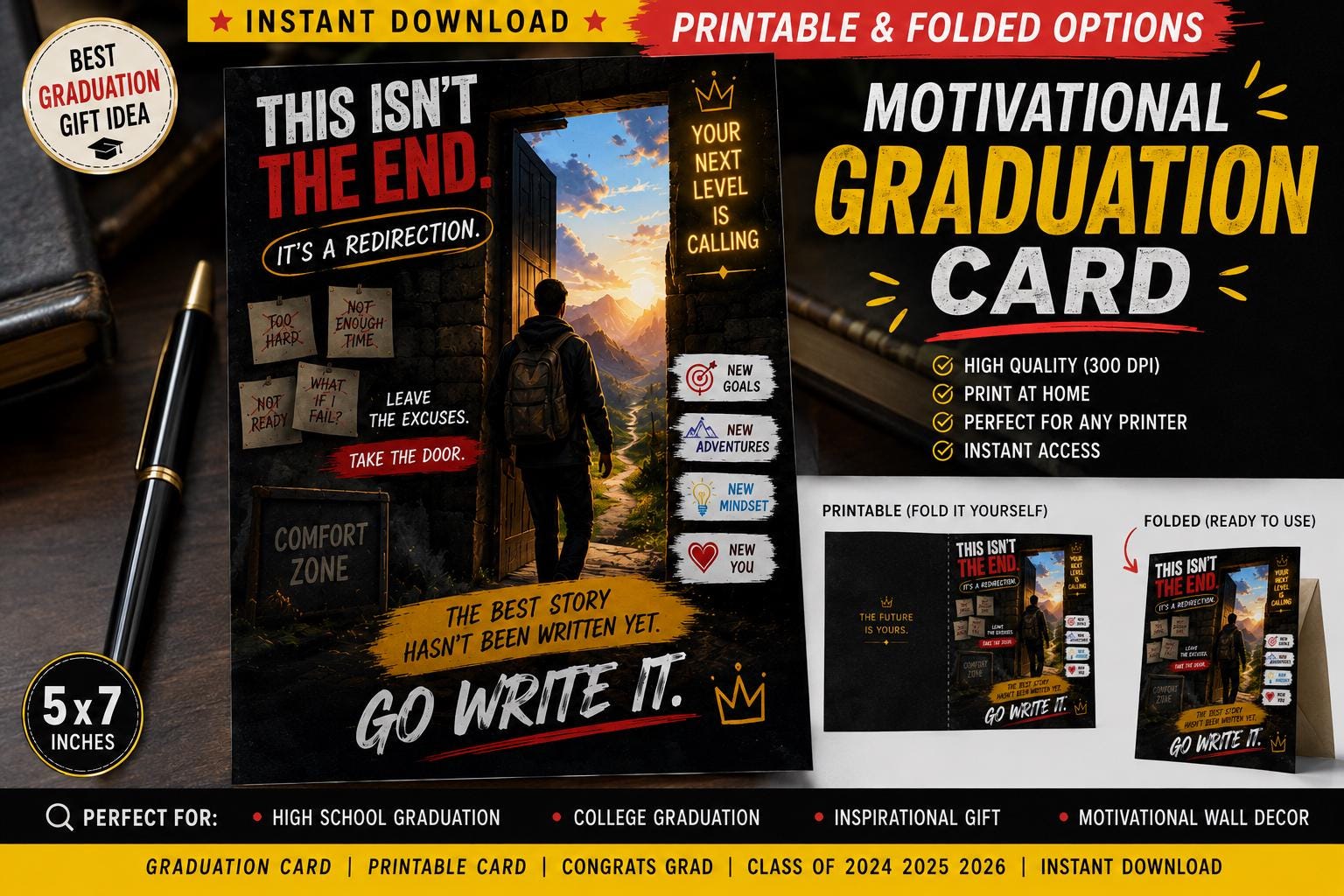 Printable Congrats Grad Greeting, Folded Motivational Gift, Instant ...