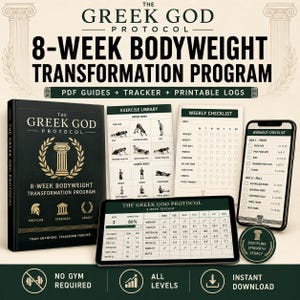 May include: A fitness program titled "The Greek God Protocol" with an 8-week bodyweight transformation program. The image includes a book, exercise guides, a tablet, and a smartphone displaying workout checklists. The program promises transformation with no gym required.