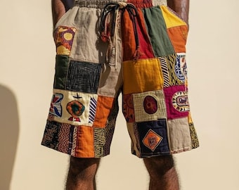 Pantalones cortos de lino estilo bohemio africano con estampado patchwork (tallas S-5XL para hombre)