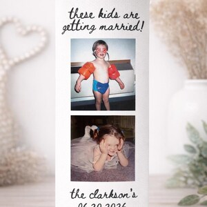 May include: White can cooler featuring two childhood photos and text. The top photo shows a child in swim gear. The bottom photo shows a child in a dress. Text reads "these kids are getting married!" and "the clarkson's 06.20.2026".