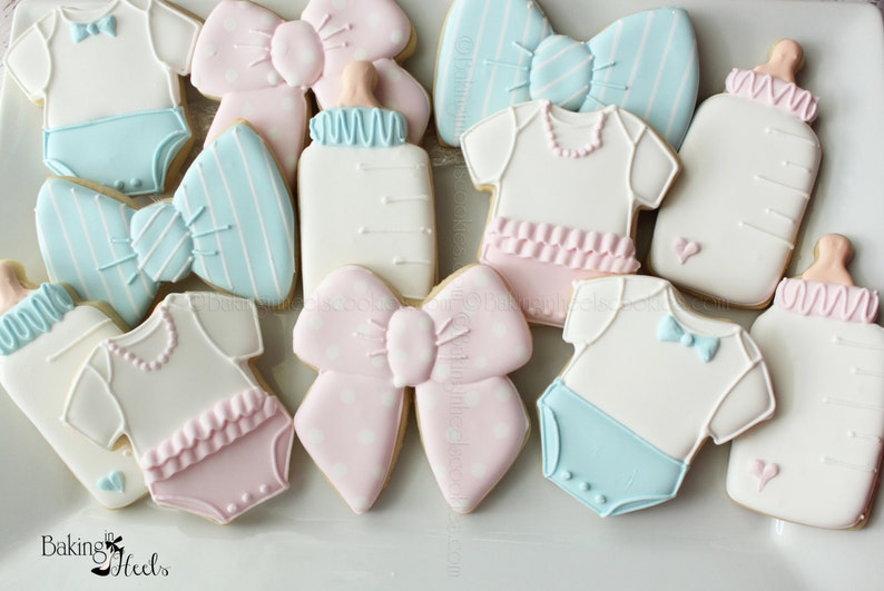 Gender Reveal Party Cookie Favors Baby Shower Cookies Onesie Bottle Bow Tie It S A Girl Boy