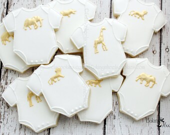 Gold Animal Onesie Baby Shower Cookies, Golden Safari Baby Shower, Gold Safari Animal Onesie cookies, Baby Shower Favors, Gold Animal Favor